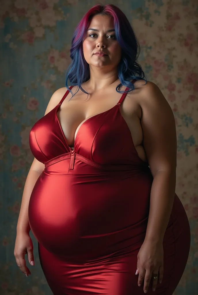 
woman 32 years old, hair long below shoulders, blue-red-purple, large red bra, wide hips in a black-red skirt, extremely huge firm teardrop-shaped breasts that grow to giant sizes, slim figure, huge hips