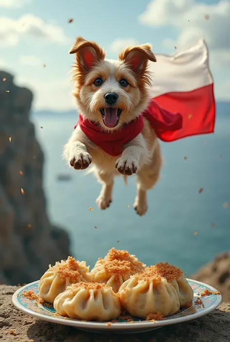 Generate a picture of a dog jumping from a cliff onto a plate full of Russian dumplings from Poland, the dog is wearing a Polish flag that is waving  