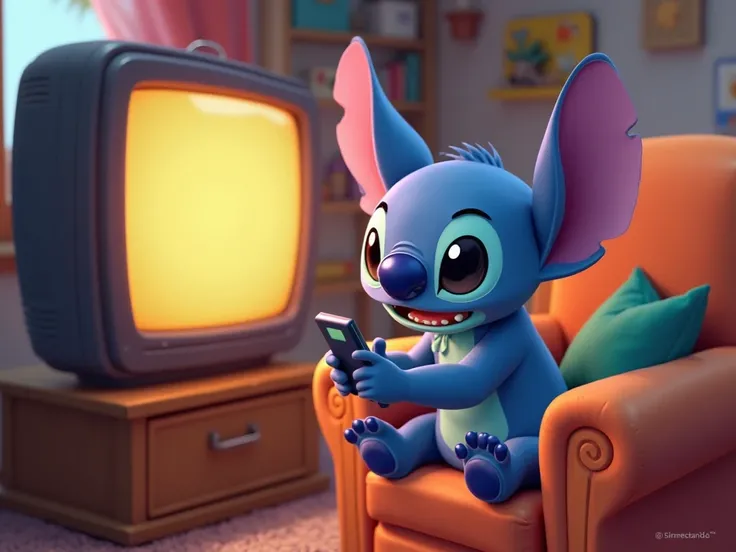 Stitch, 4K,  cartoon, Watching television and touching the cell phone