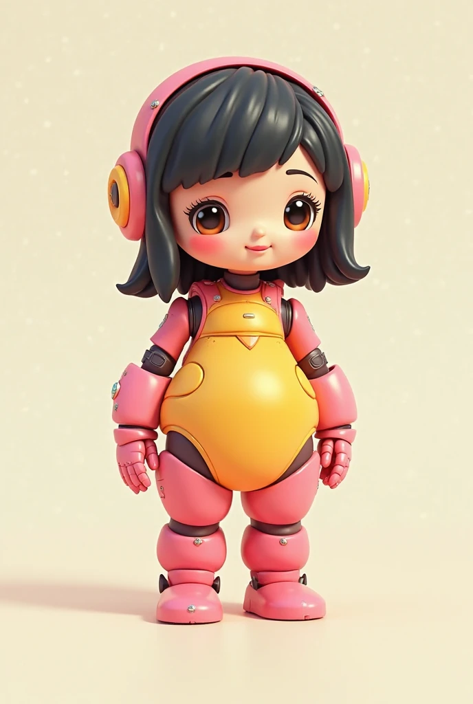 girl robot that is cute color pink and yellow with medium length black hair that looks like a cartoon character whole body with toes