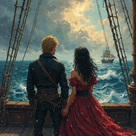 Couple de dos sur un vateau pirate qui regardent la mer.
Homme blond, costard noir.
Femme en robe de mariée pirate, cheveux mi-long noirs.
4k, animé, peinture à l'huile, dramatic lighting, intricate details, photorealistic, highly detailed, cinematic, vivi...