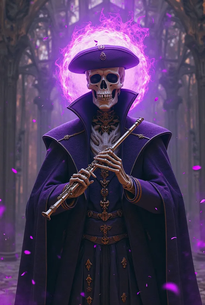 Man,skeleton head with purple fire around the skull,Noble clothes,a flute in hands,a fencer hat,randon parts of The body in little purple transparence 