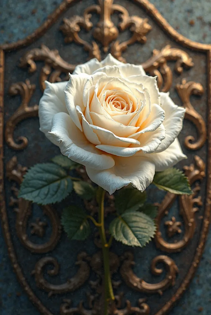 White Rose of Lancaster. A white rose, whose petals are surrounded by light, on an old coat of arms.