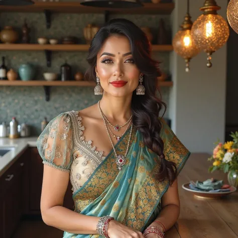 Gorgeous fair mature womens in 30s wearing saree with Pleated cap Puff Sleeve silk sheer blouse, The neckline is classic and elegant, Visible lace bra underneath the blouse, look ultra realistic human wearing bangle, wearing bindi, large chandelier earring...