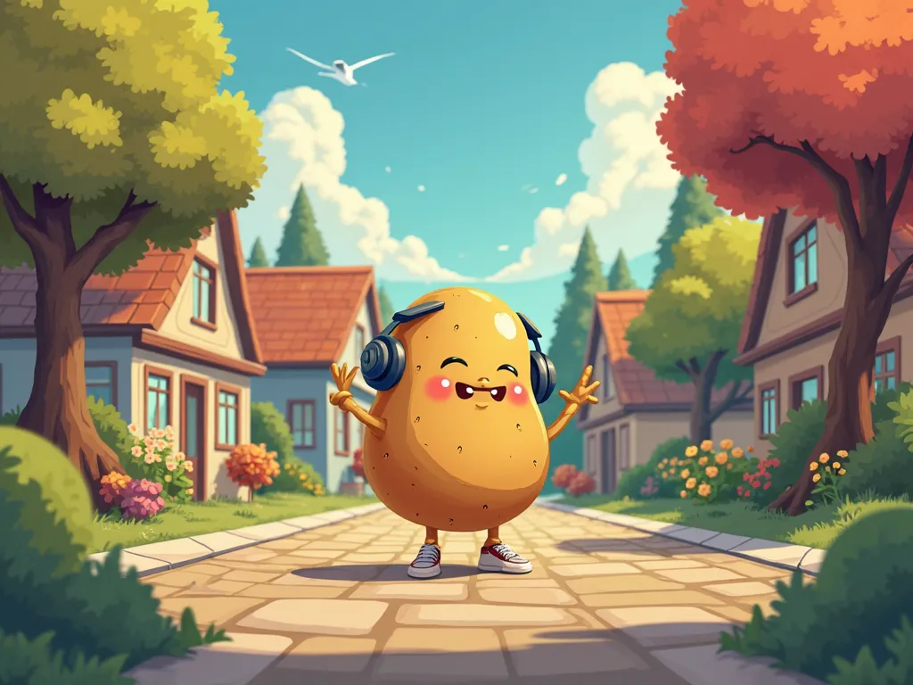 A peaceful village/city/street where the main character (let’s say a dancing potato) is happily grooving to music in its headphones.
Suddenly, it stumbles into a grand dance competition where serious dancers are preparing.