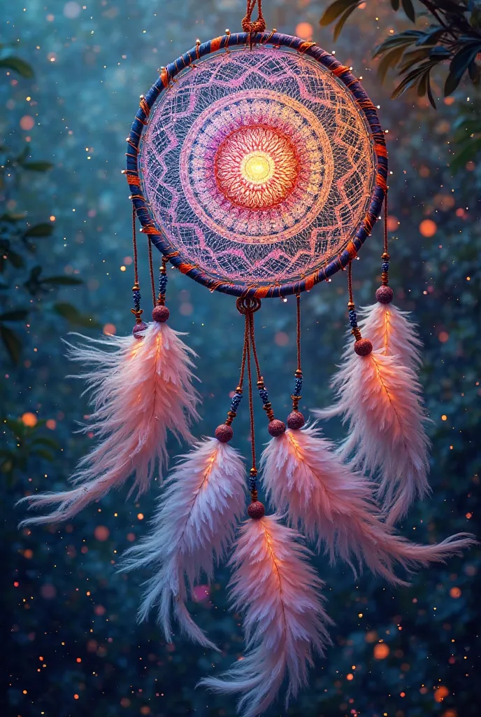 hypnotic Indian dream catcher, flowing intricate patterns, vibrant colors swirling around, ethereal angelic beings in the background, soft luminous glow, shimmering effects, mystical ambiance, surreal dreamlike atmosphere, blending colors harmoniously, mes...