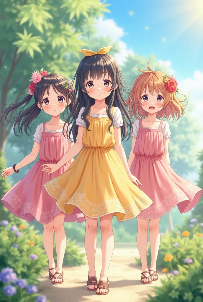 3 not very big anime girls, one in the center , and the other 2 on the sides, The image with full bodies and summer dresses