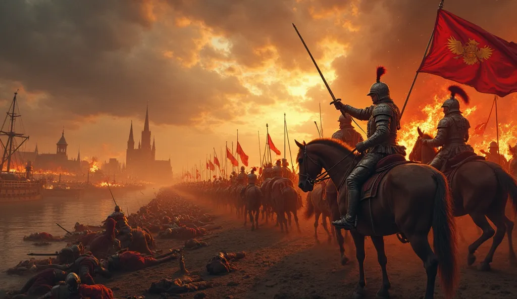 *"A hyper-realistic, cinematic depiction of the Victory of Antwerp during the 16th century, under the reign of Philip II. The scene takes place on the battlefield, with dramatic skies overhead and an intense, fiery glow illuminating the action. The focus i...