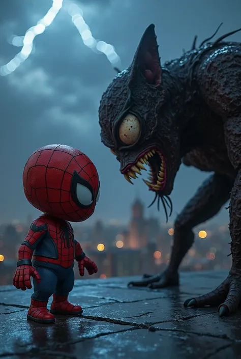 "A Spider-Man-style Minion facing a great dark villain, that has narrow eyes and sharp claws. The little hero is in a fighting position, with hands ready to cast webs. The setting is a high roof at night, with thunder illuminating the scene."