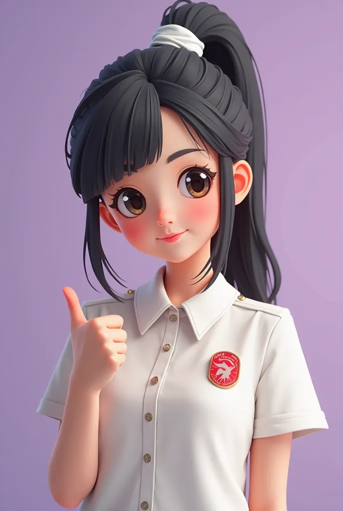 a pixar-like image of a girl posing in the photo raising her thumb smiling, styled with a high ponytail and a white ribbon with a white uniform blouse with buttons and a school collar and a logo in the shape of a circle and red color on the left side with ...