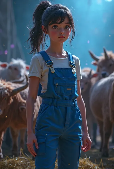 cute  girl wearing blue working jumpsuit stand firmly pointing the animals to eat hays. Mysterious, moody lighting with deep blues and purples in 3D