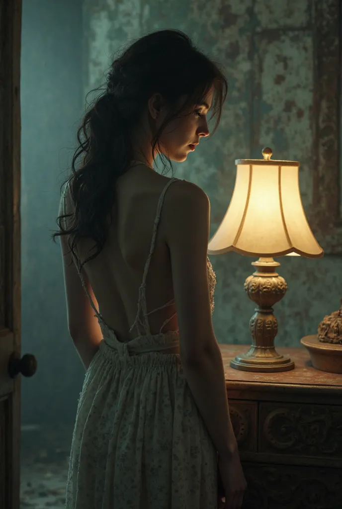 Image of a woman with her bare back next to a forgotten lamp.  is for the cover of a book 