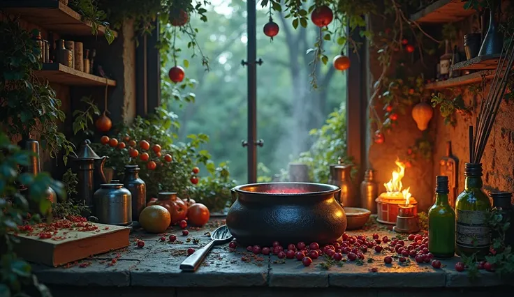 beautifully detailed witch kitchen,  with dim lighting , deep in the dark forest, using magic ingredients, enchanted kitchen utensils, boiling cauldron, Flickering candlelight, old spell book, broom hovering, mystical atmosphere, shades of rich colors and ...