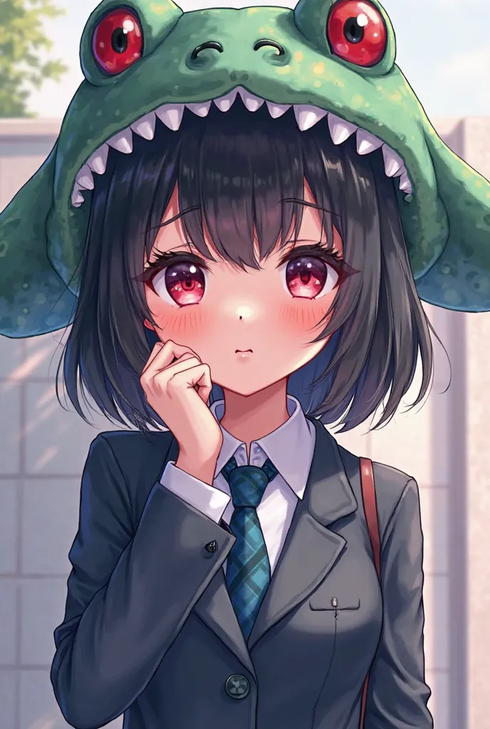 1 girl,  black hair, shortcut from elbow to hand,  quick, Straight Hair, Small breasts,Crocodile hat, Crocodile mask, High school uniform, standing picture, anime, 目にハート, トロ顔, 