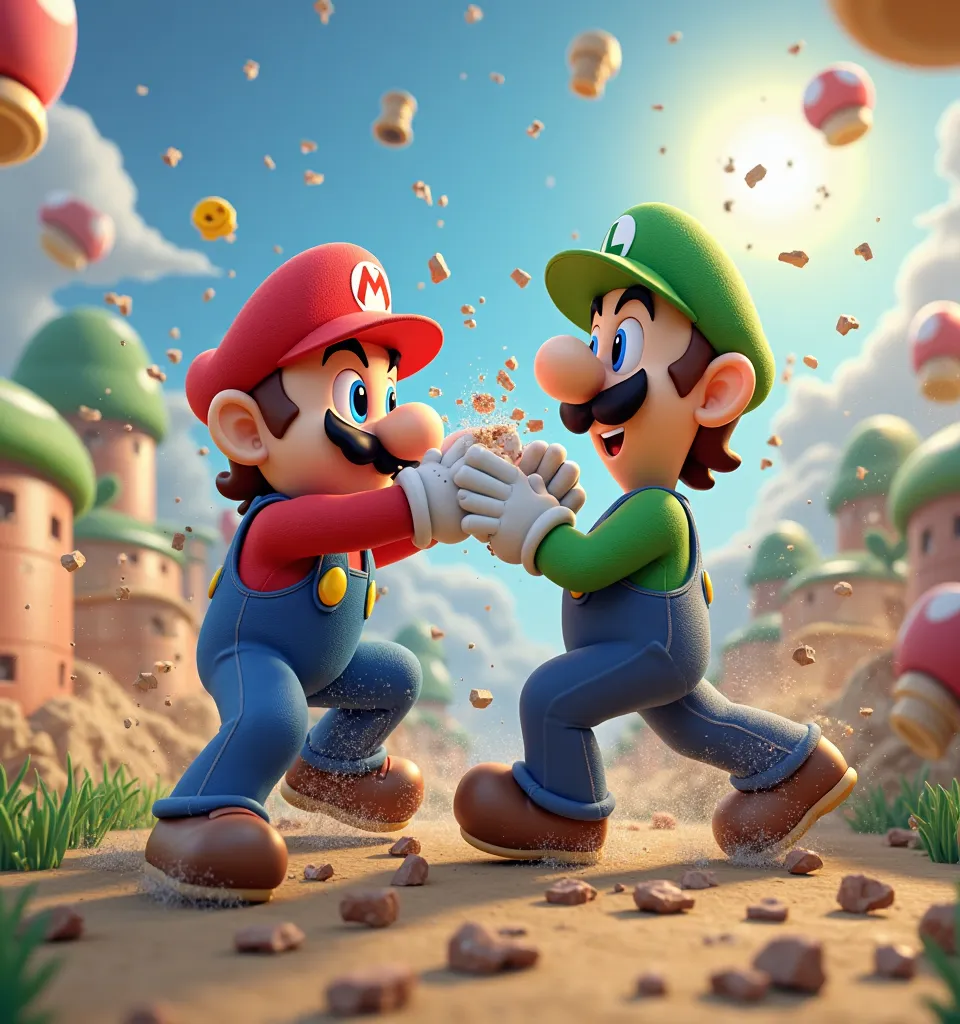 Create a 3D image of Mario Bros breaking something