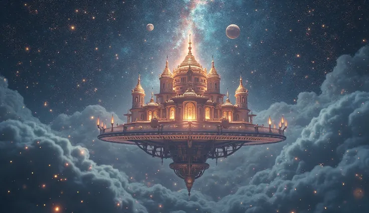 A temple floating in space, surrounded by constellations in the shape of observing eyes, with a vibrant energy connecting Heaven and Earth