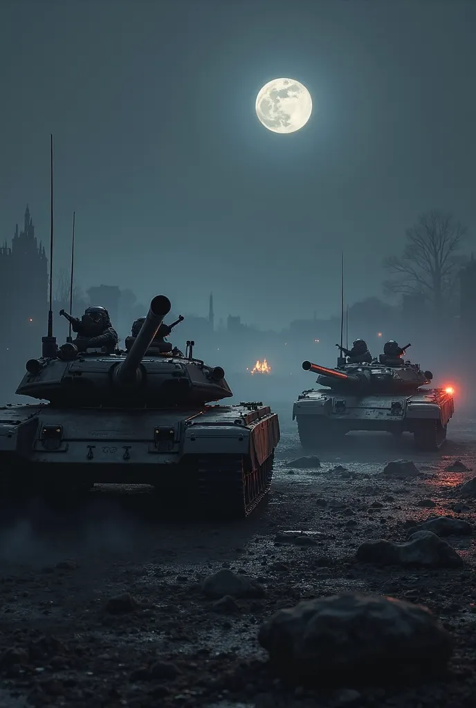 A German tank that is pointing at  a T-90 tank at night 
