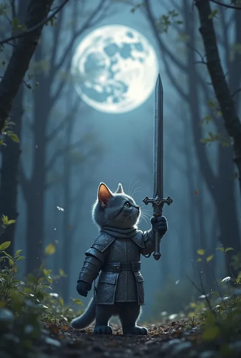 A knight kitten with his back turned, pointing to the moon as if challenging the moon with his sword in the forest at night, his armor is gray and his sword is very eye-catching