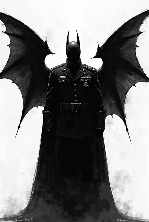 Black and white silhouette 
Of military with only bat wings 
