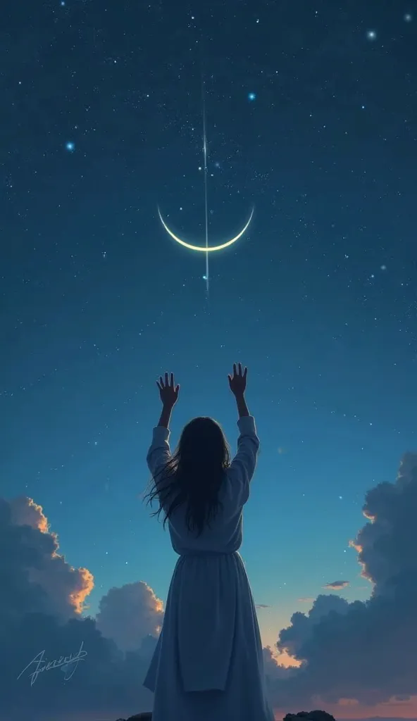 A small  raising hands for dua in a peaceful night, moon and stars shining