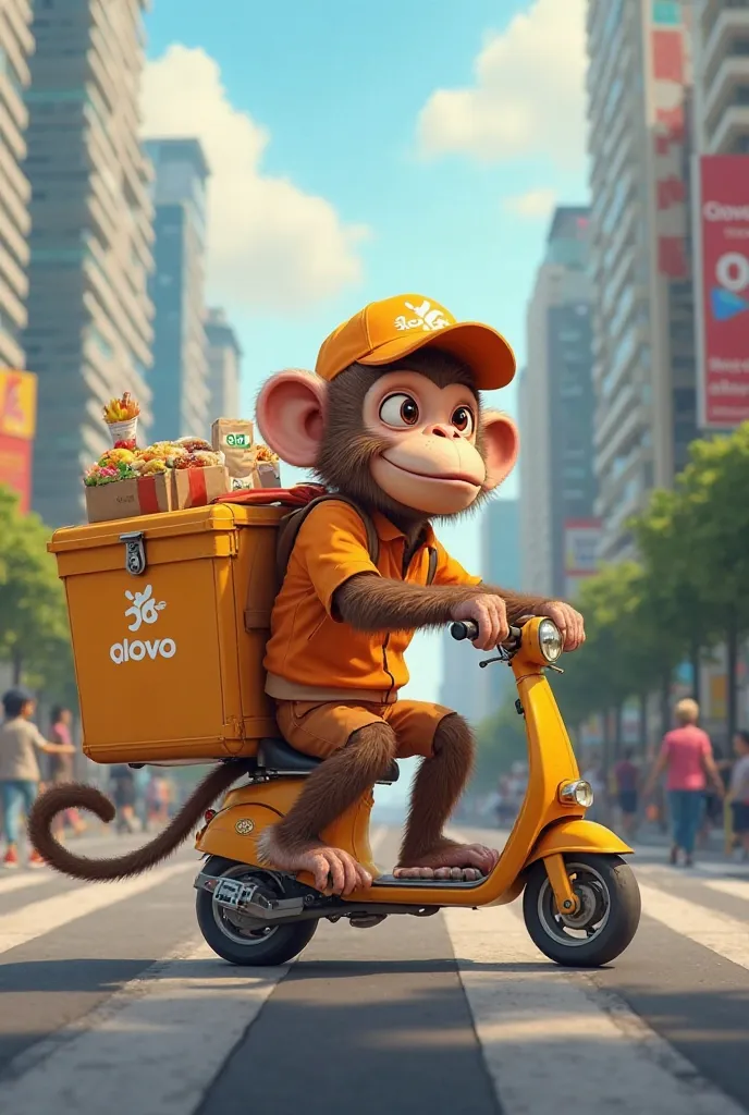 Create an image of a monkey delivering food as a worker of "glovo "