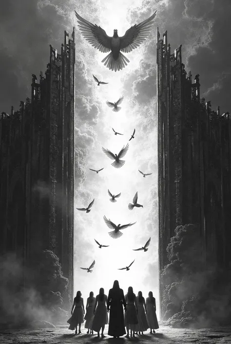 a black and white image of a group of people standing in front of a gate, huginn and muninn flying above, doves flying into the portal, abstract occult epic composition, majestic occult gates, the gates of heaven, gates of heaven, fan art, inspired by Anna...