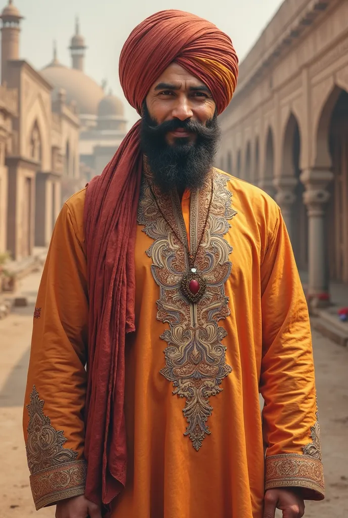 
"A realistic portrait of a man wearing traditional Punjabi attire. He is depicted with features that reflect a respectful interpretation of Muslim heritage, including a neatly trimmed beard and a modest, warm expression. His outfit consists of a vibrant, ...