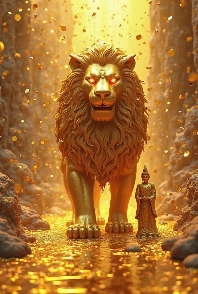 A giant giant pure gold lion with red eyes huge giant in a river of gold coins with a gold Buddha beside him walking on a river of gold coins raining thousands of gold coins 