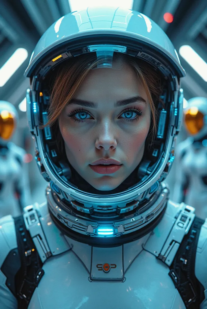 A close-up of a female astronaut wearing a futuristic, high-tech space helmet with a reflective visor. Her face is illuminated by neon blue lights inside the helmet, and her intense blue eyes stare directly ahead. The helmet has a sleek, metallic design wi...