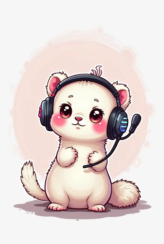 Make me a white chibi ferret with pink cheeks and a gaming headset