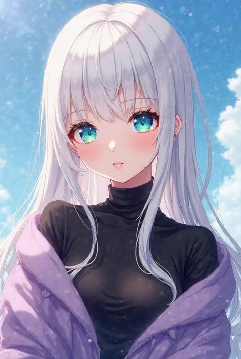 An anime girl with long white hair, blue right eyes, green left eyes, and wearing a black shirt with a purple sweater