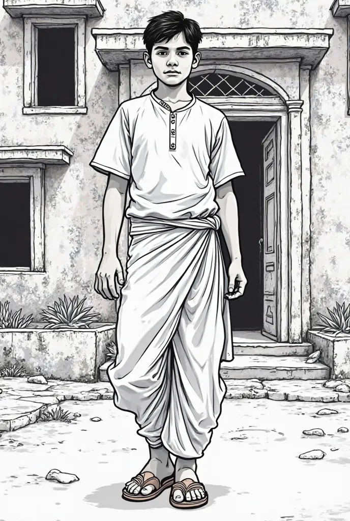 Black and white comics art a bangali boy wearing bangali casual drees normal design  and behind a old place big