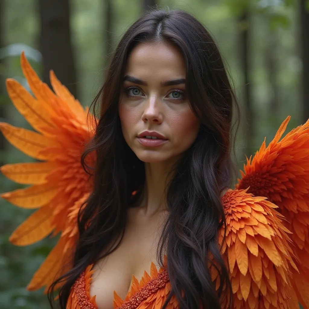 The image shows a beautiful woman with long dark hair, adorned with fiery feathers that look like phoenix wings. Her eyes are bright blue and she wears a subtle but striking makeup. Her expression is serene and attractive . The background is a forest, whic...