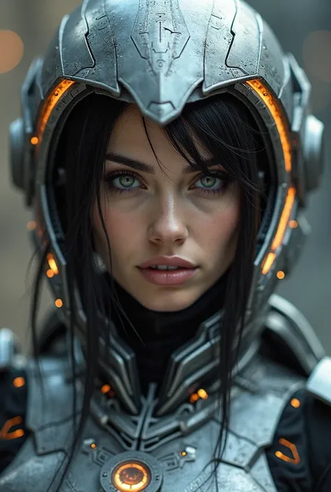 A cyberpunk-style portrait of a beautiful woman with dark hair, wearing a futuristic silver and gray helmet and armor.  The helmet is intricately detailed with glowing orange accents.  Her expression is serious and intense. The overall aesthetic is dark, s...