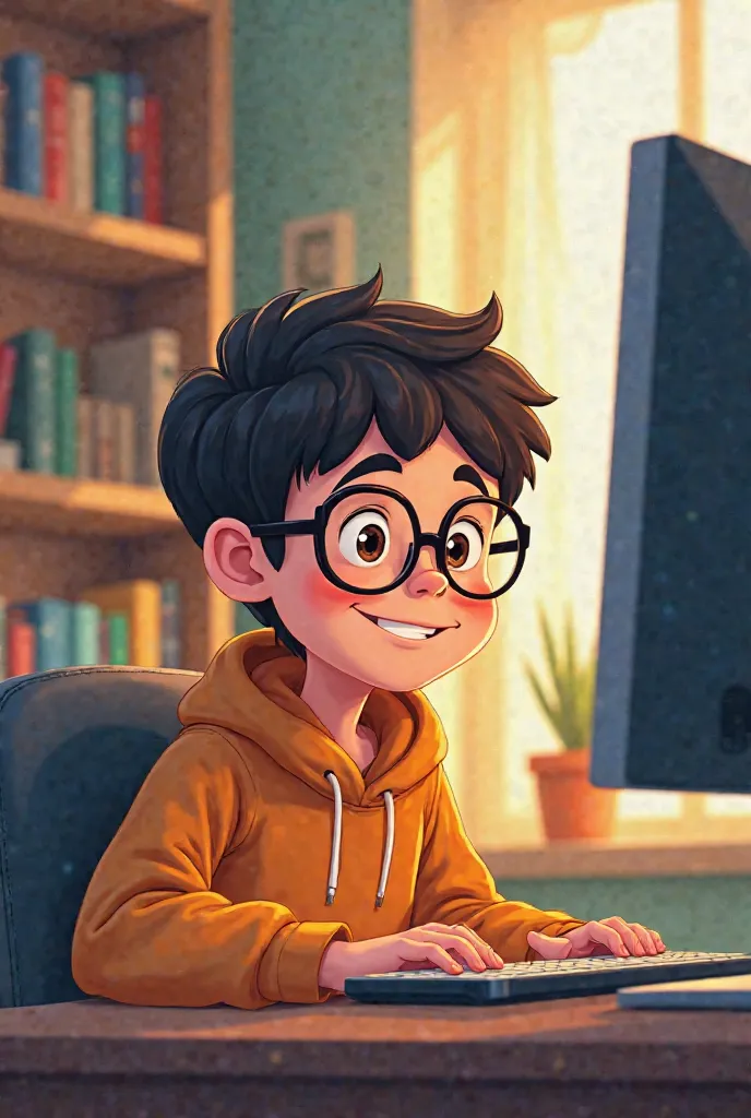 Cartoon : Confident Young boy with glasses playing computer