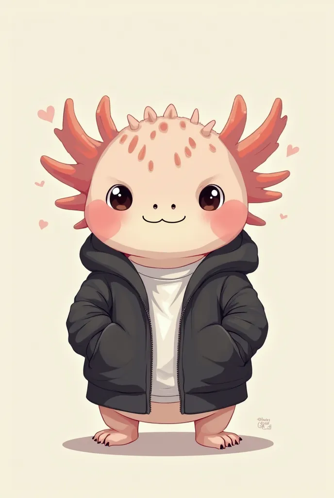 A humanized axolotl in chibi style, Showing from the waist up. He has a tender and expressive face, with big eyes and a friendly smile.His branches stick out on the sides of his head, giving it a unique touch. Wear a black hoodie showing a bit of the shirt...