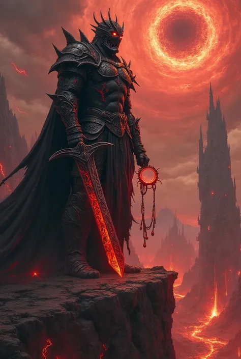 A towering, menacing figure cloaked in black and crimson, exuding an aura of absolute power. His armor is sleek yet heavily plated, forged from an otherworldly black metal with sharp, jagged edges that resemble molten obsidian. Glowing crimson veins pulse ...