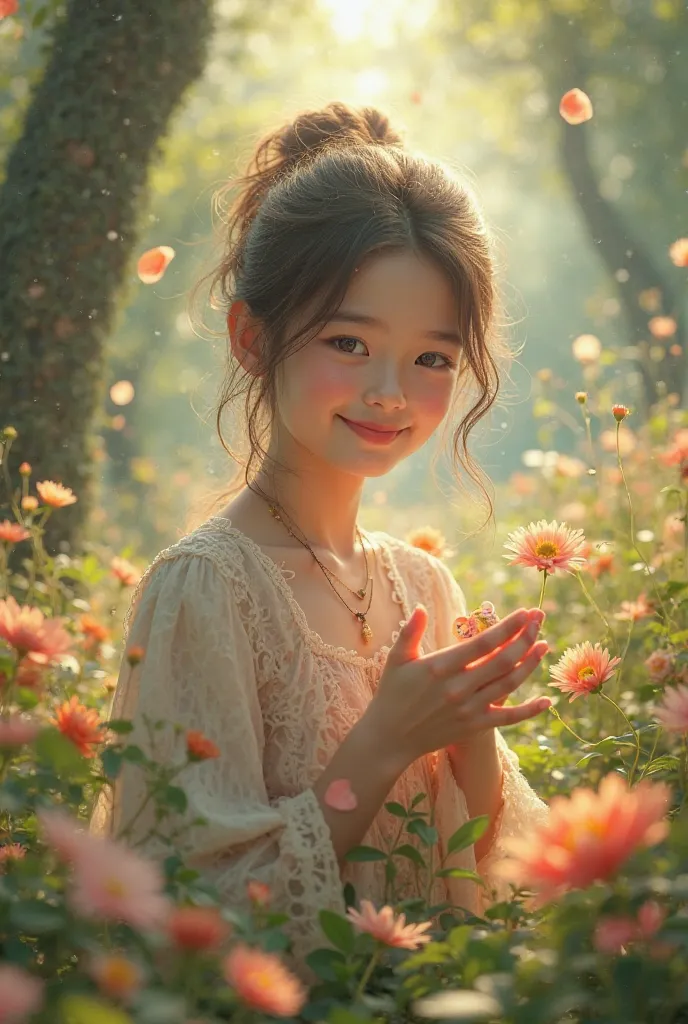 Nature's Beauty: Create a video or image of a girl in a serene outdoor setting, surrounded by flowers and greenery, smiling and holding a flower or a small animal.