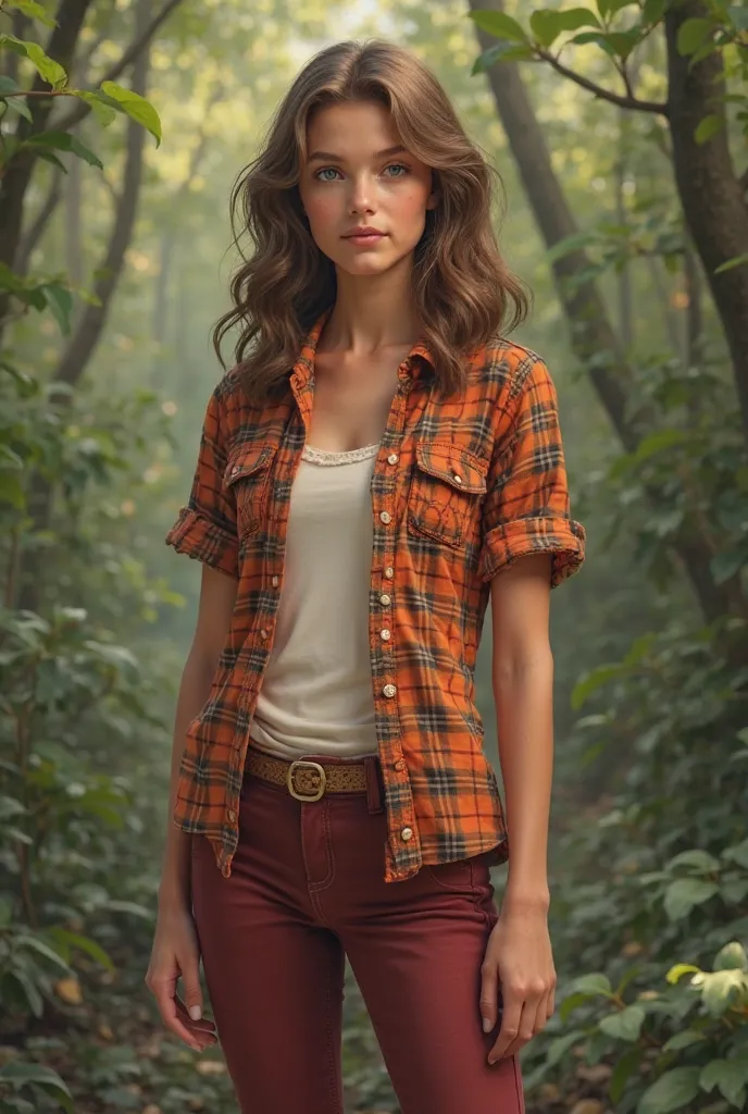 belle fille réaliste, cheveux bruns, yeux verts, a short-sleeve plaid bouton-up shirt in shades of orange, rouge, et jaune, sous-chemise blanche, dark rouge jeans, une ceinture marron clair ou beige avec une boucle simple, arrière-plan jungle, vignes, corp...