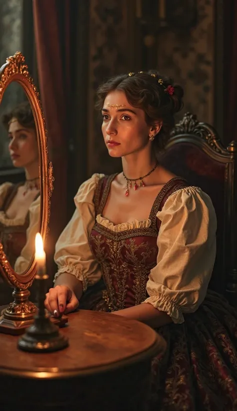 A medieval noblewoman seated at an antique wooden vanity, plucking the front of her hairline with tweezers to create a larger forehead. Her expression is one of quiet determination, and the soft glow of candlelight reflects in the mirror in front of her.