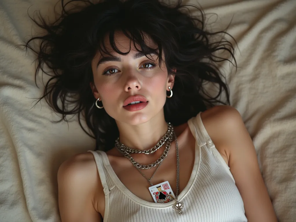 A young woman with dark, tousled hair, wearing layered silver chains and earrings, reclines against a neutral-toned background. Her expression is distant and dreamy, lips slightly parted. She wears a ribbed white tank top with metallic eyelet details, and ...