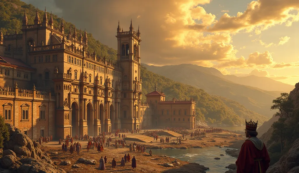 *"A hyper-realistic, cinematic image showcasing the grandeur of the Monastery of El Escorial during the reign of Philip II. The monumental Renaissance architecture of the monastery stands tall against a dramatic sky, bathed in vivid, warm golden hues, symb...