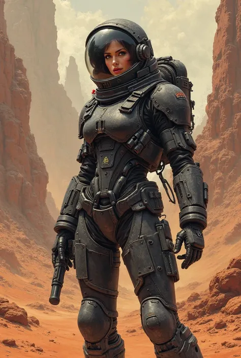 Ellen Ripley in Frazetta style black imperial 1890s space suit, background martian landscape