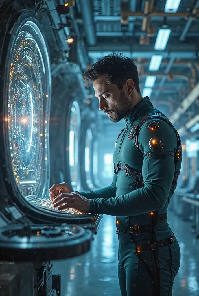 A brilliant scientist in a futuristic lab, wearing a sleek, high-tech suit, working on a massive quantum computer. His expression is intense as he codes the final algorithm.