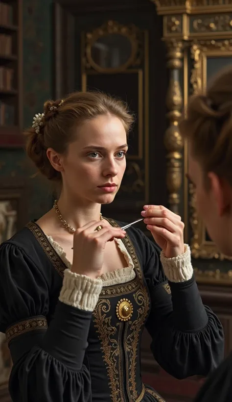 A 15th-century noblewoman carefully removes the front strands of her hair with small tweezers, her brows slightly furrowed in concentration. The dimly lit chamber is filled with period-appropriate furniture, and a mirror reflects her high forehead.