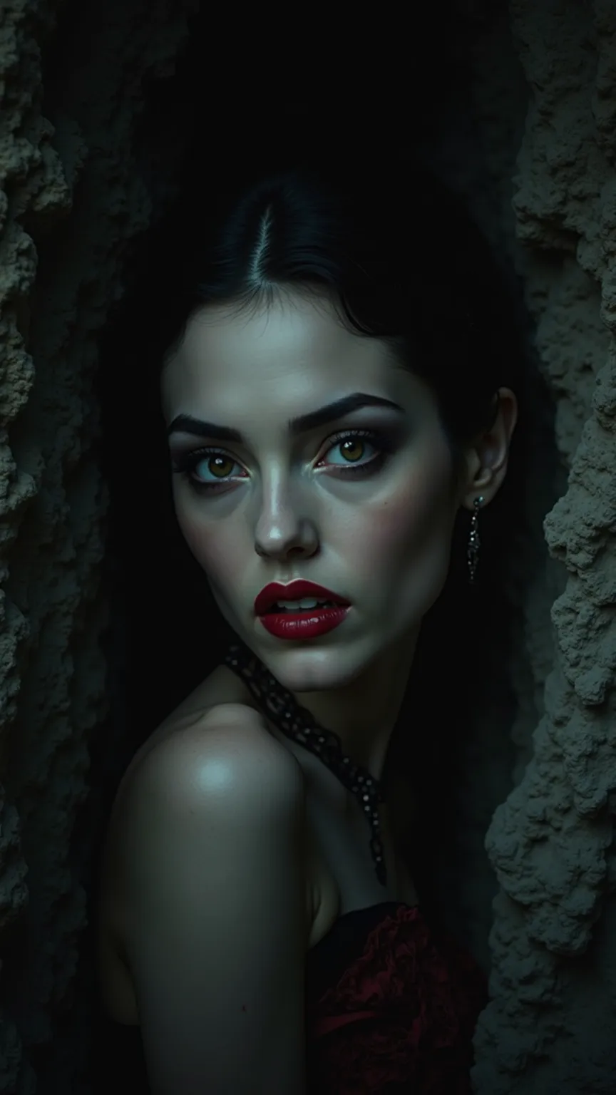 Beautiful and gorgeous vampire woman with( fangs )and mouth , cave atmosphere, detailed image