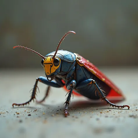 Create a Realistic image. A real Cockroach covered with Superman's Blue,yellow and Red color costume design, on the floor.