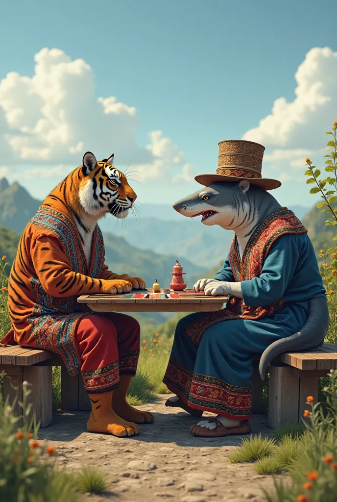 And create an image for you where a tiger and a shark in Armenian clothes are sitting on a bench in Armenia playing backgammon with realism