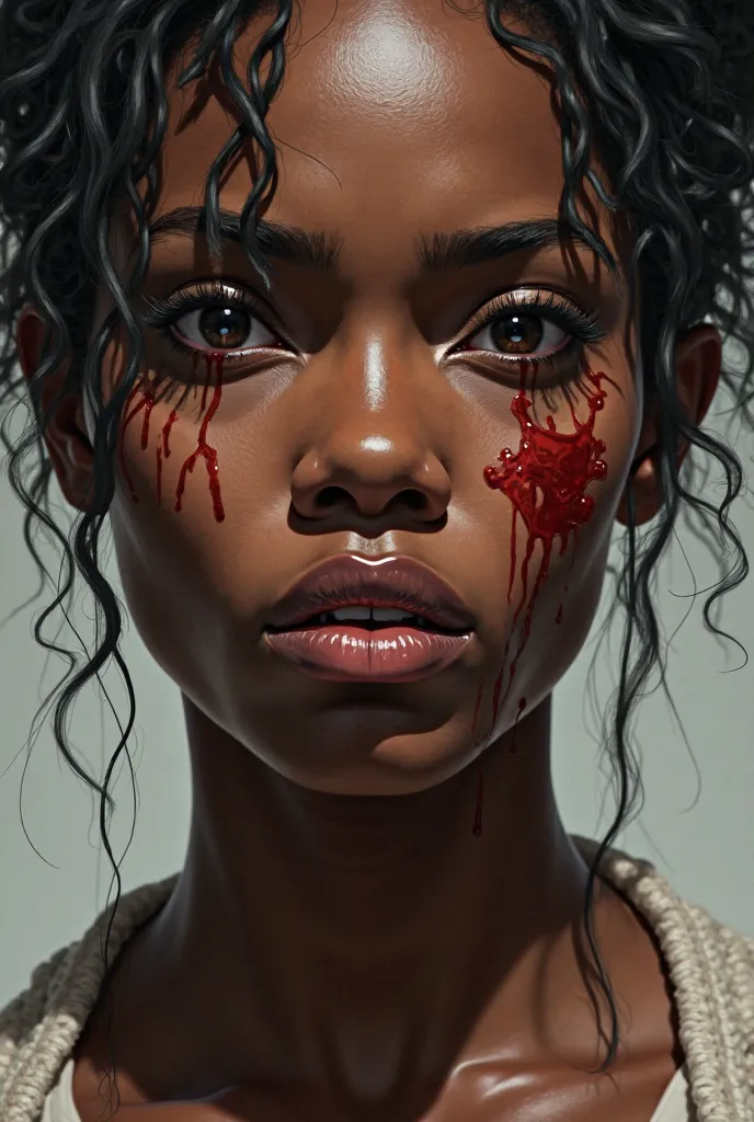 A black woman, bleeding, beaten, looking forward with a straight face, tears running down her face. 