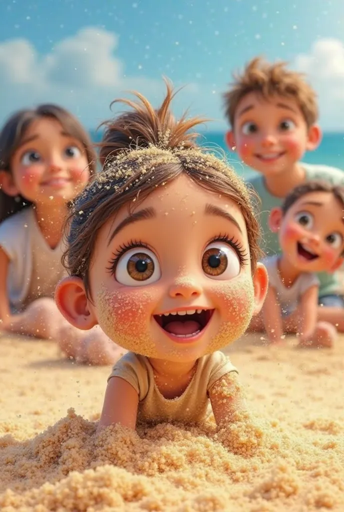 Cartoon Girl covered in sand with a surprised face: The girl with the big eyes, full of sand, while her family laughs fondly.